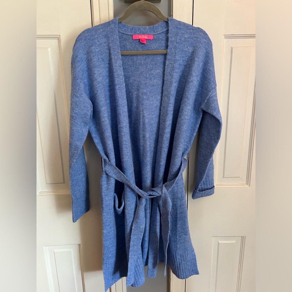 Women’s Small Lilly Pulitzer Blue Tie Belt Long Sweater with Pockets